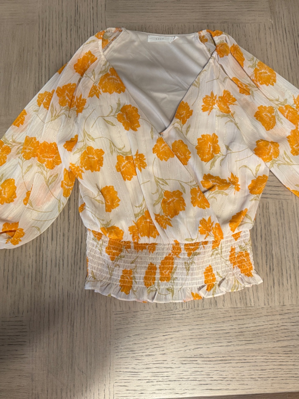 Lush White and Orange Floral Smocked Waist Top